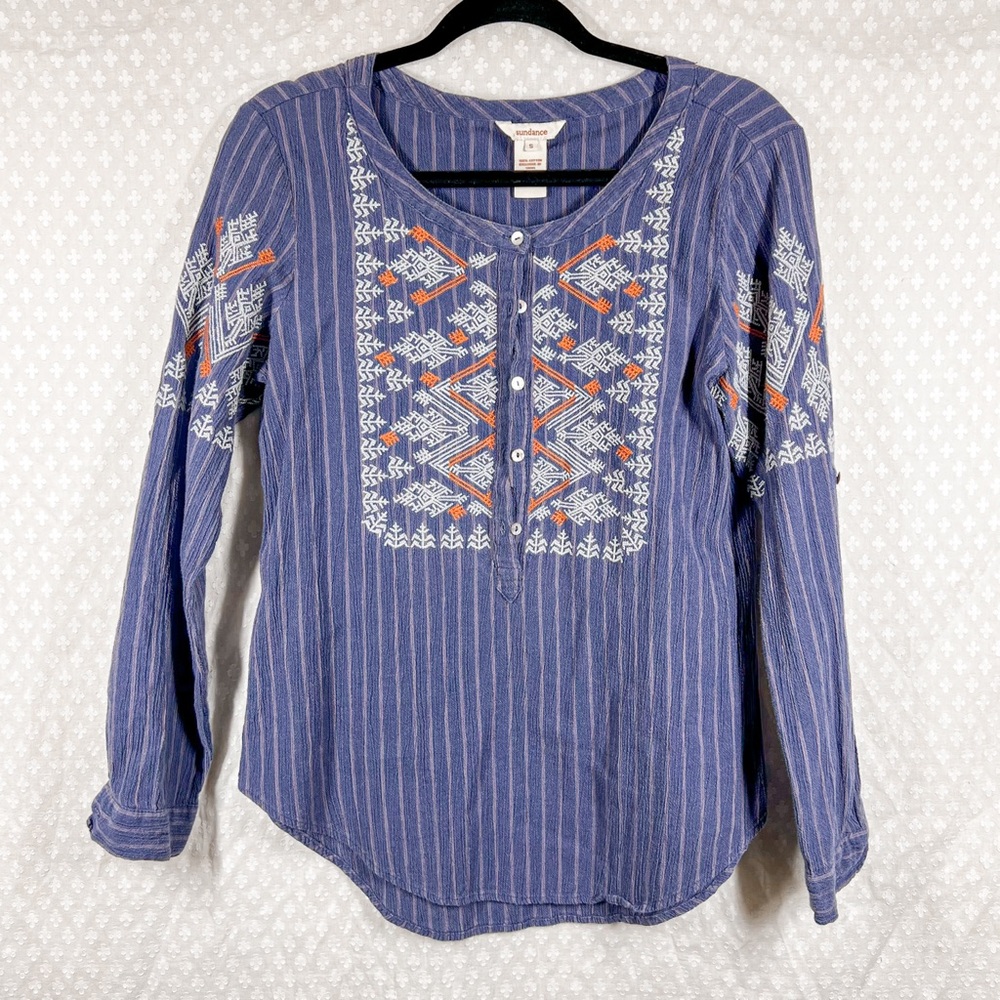 Sundance Blue Striped Aztec Embroidered Long Sleeve Top‎